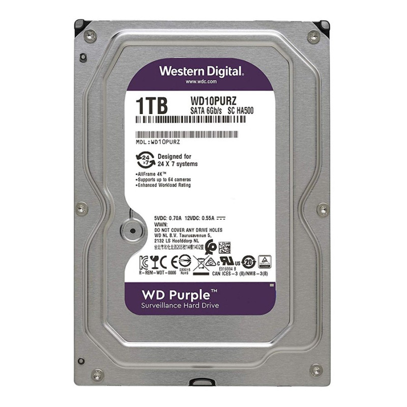 WD Purple 1TB Surveillance Hard Disk Drive - Intellipower SATA 6 Gbs 64MB Cache 3.5 Inch - WD10PURZ 